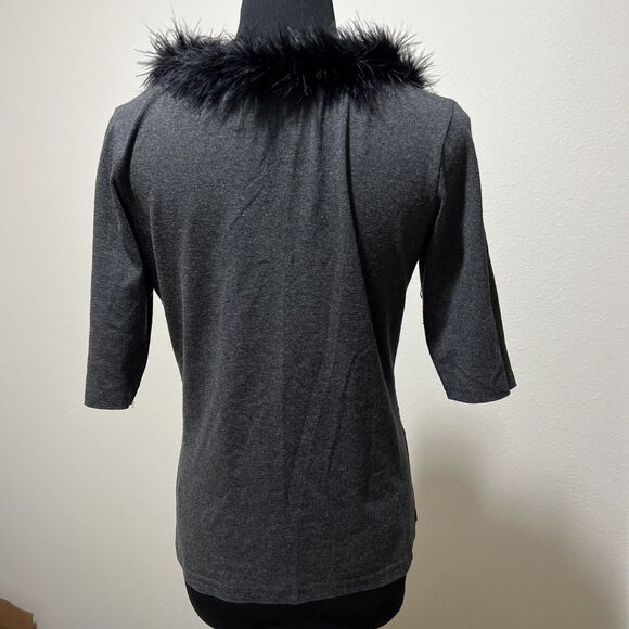 VTG USA 80s Black Feather V Neckline Gray Top Shirt Blouse Stretch 3/4 Sleeves - Picture 5 of 11